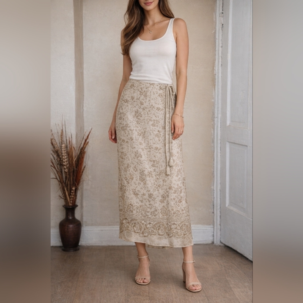 Talbots Women's Maxi Length Skirt Pure Silk Floral Beige/ Brown Size 8